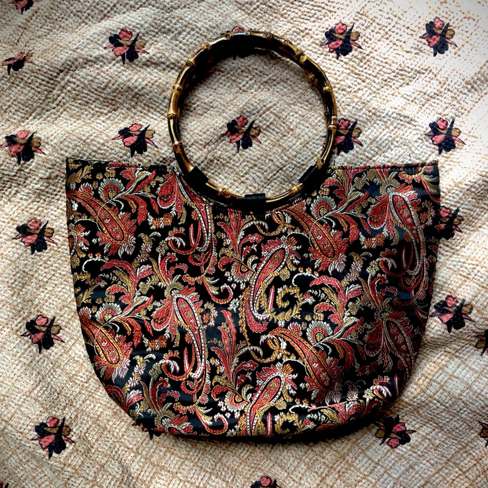 EUC Paisley Brocade Satin Handbag Purse with Lacquered Circular Bamboo Handle